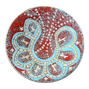 Artistic Red and Blue Brooch. Worn Bohemian plate pin/Copper